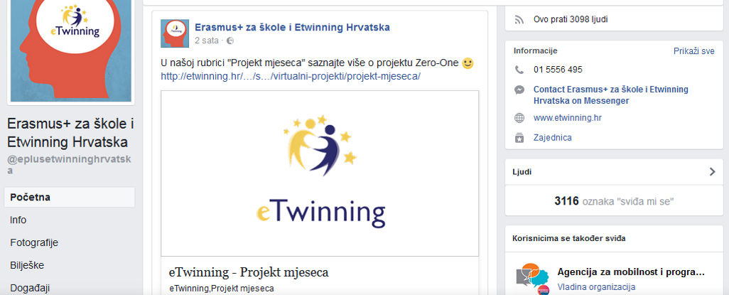 Facebook Erasmus+ za škole i eTwinning Hrvatska Zero-One projekt mjeseca
